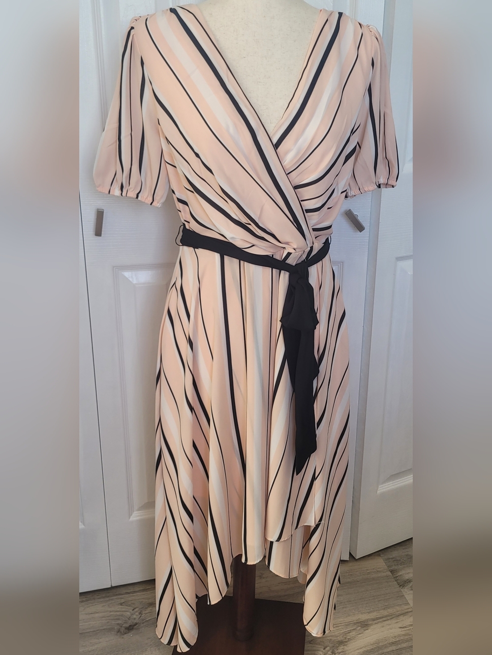 Karl Lagerfeld Blush Pink and Black Striped Wrap Midi Dress Size 6